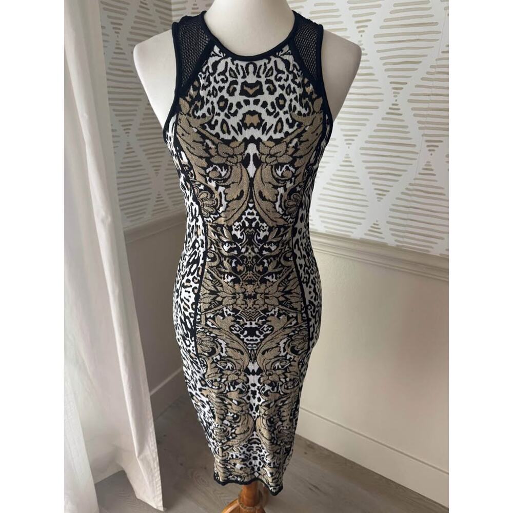 Cache Women's Medium Black Gold Knit Leopard Animal Print Bodycon Pencil Dress